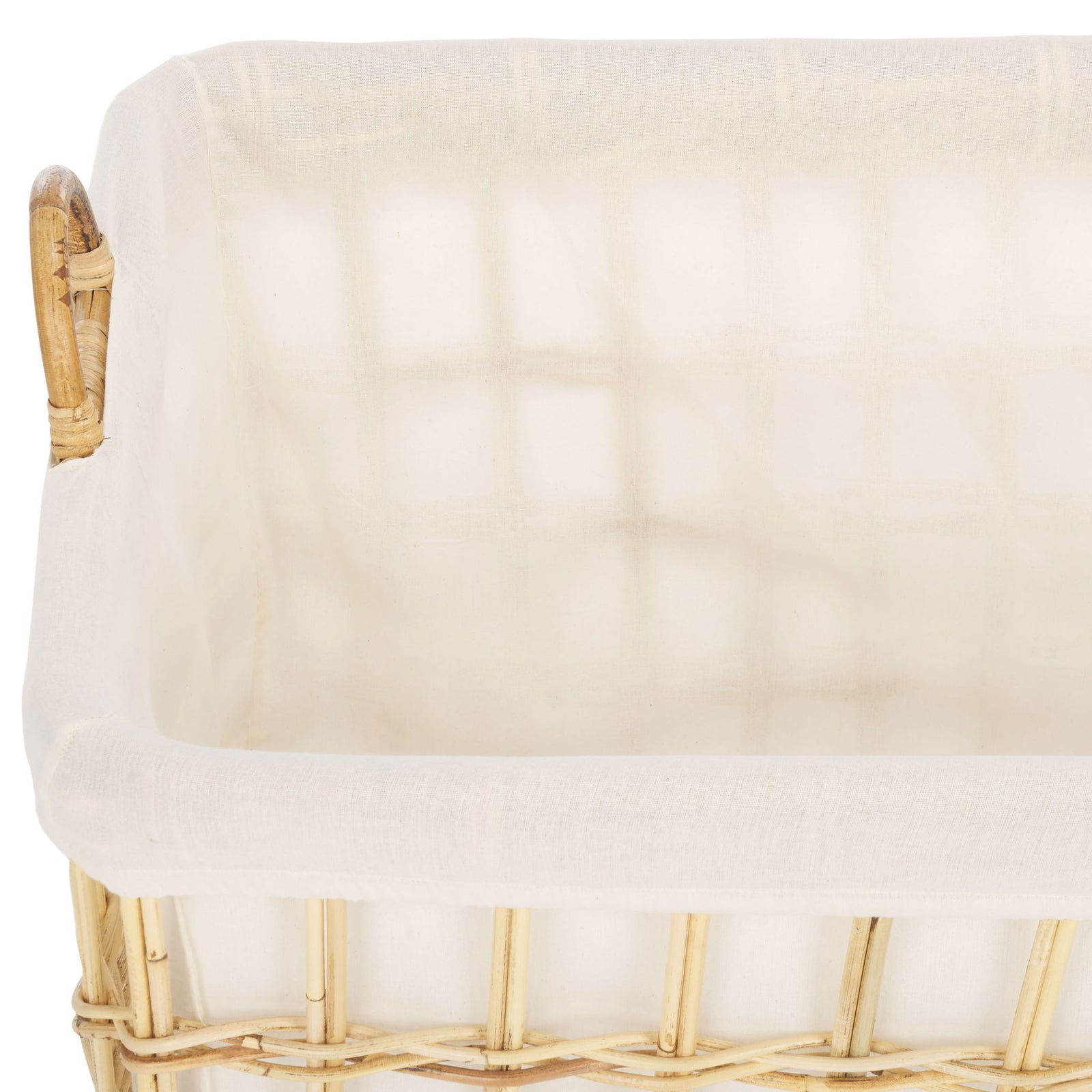 A soft white cotton liner drapes over the rim and covers the spacious basket interior || STG6503A || storage_studio