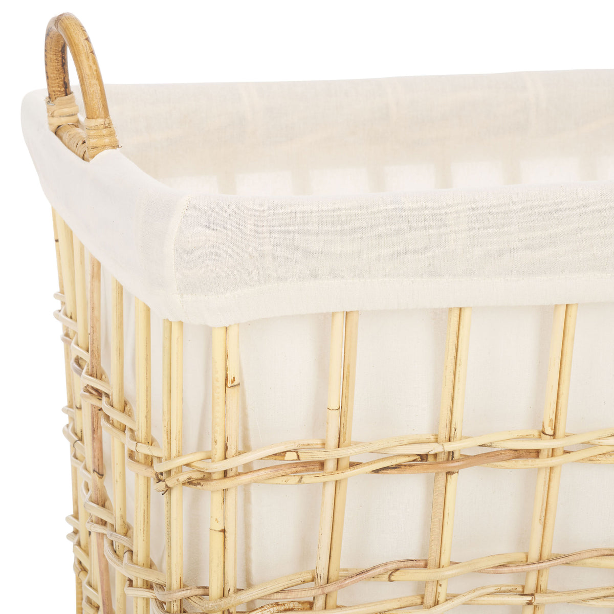 Natural rattan basket features a woven grid, a white cotton liner and a rounded side handle || STG6503A || detail_studio