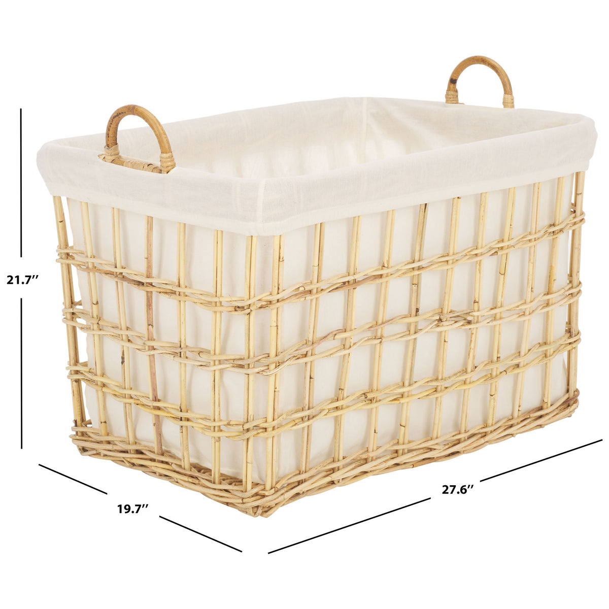 Rectangular rattan basket with a white liner and loop handles measures 27.6 by 19.7 by 21.7 inches || STG6503A || dimension_studio