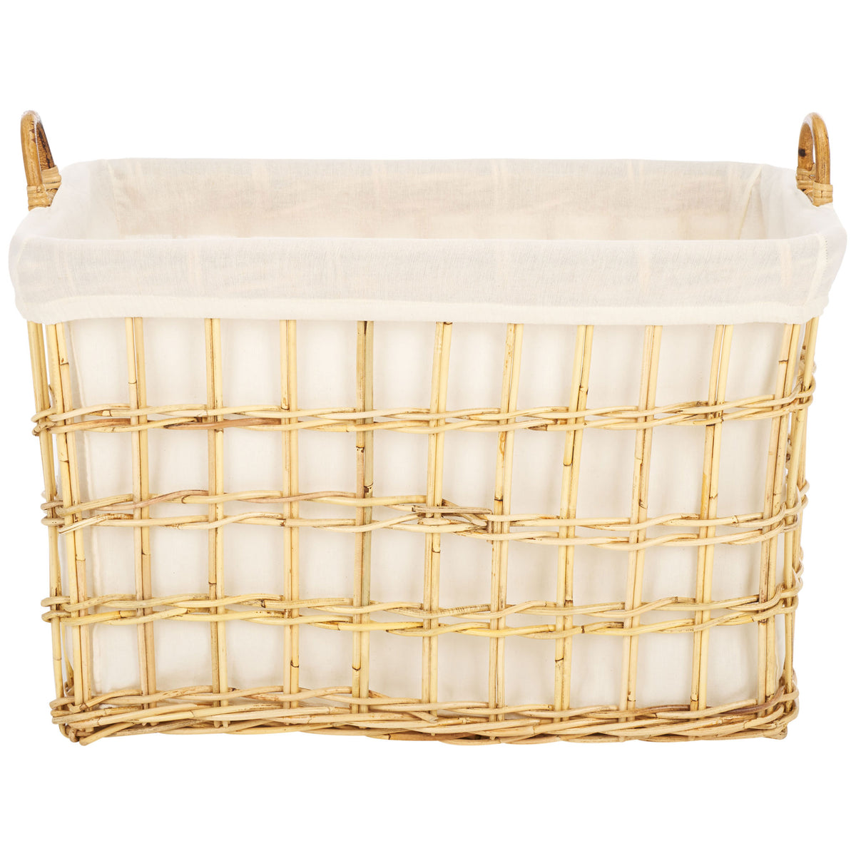 Wide natural rattan basket combines an open grid weave with a white liner and two loop handles || STG6503A || front_studio