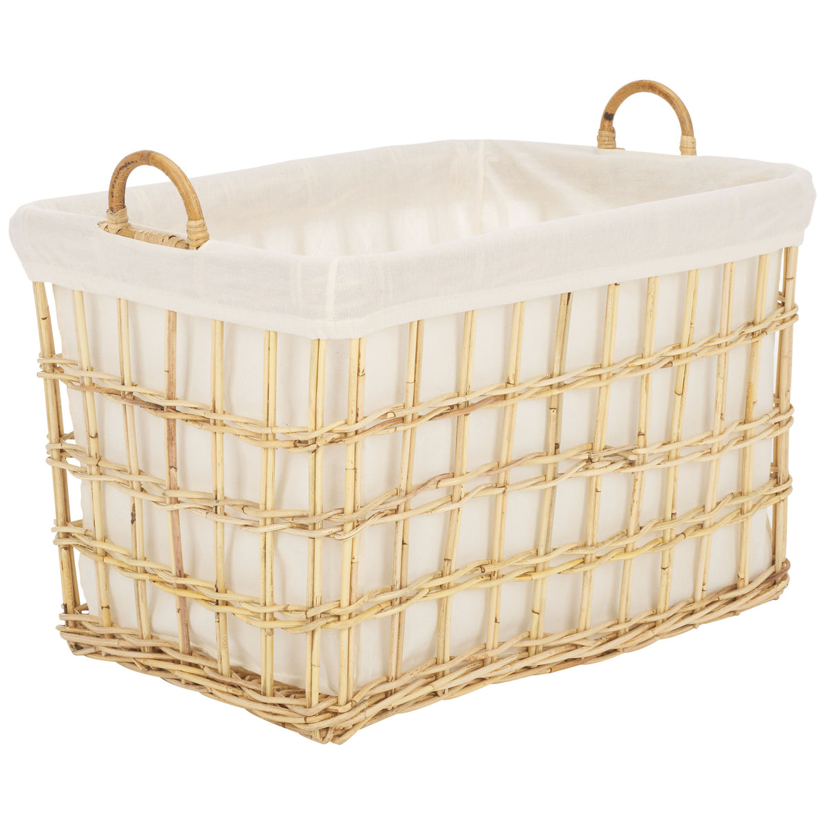 Natural rattan weave surrounds a roomy rectangular basket with a white cotton liner and curved end handles || STG6503A || front_angle_studio