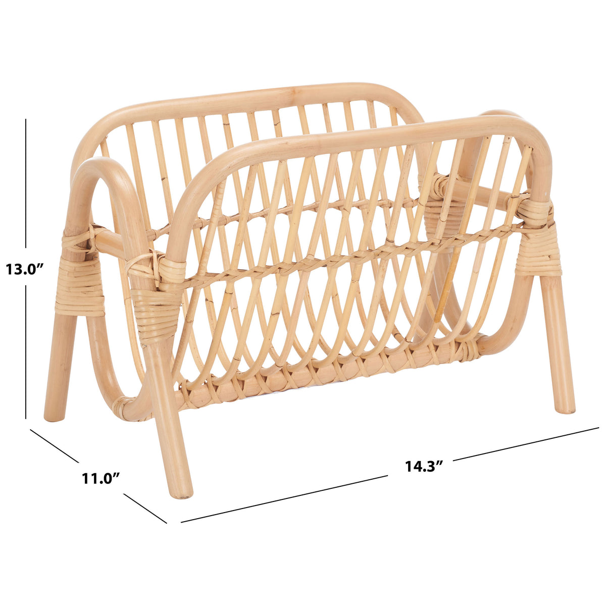 A compact natural rattan rack measures 14.3 inches wide, 11 inches deep, and 13 inches high. || STG6505A || dimension_studio