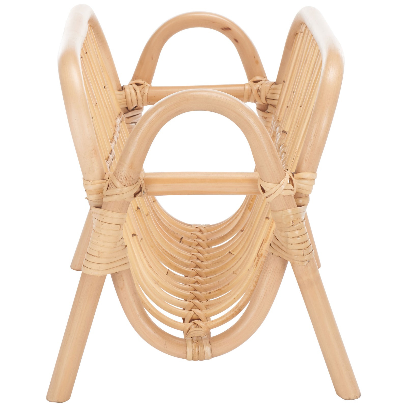 Looped rattan ends and slender angled legs frame a gently curved storage cradle. || STG6505A || side_studio