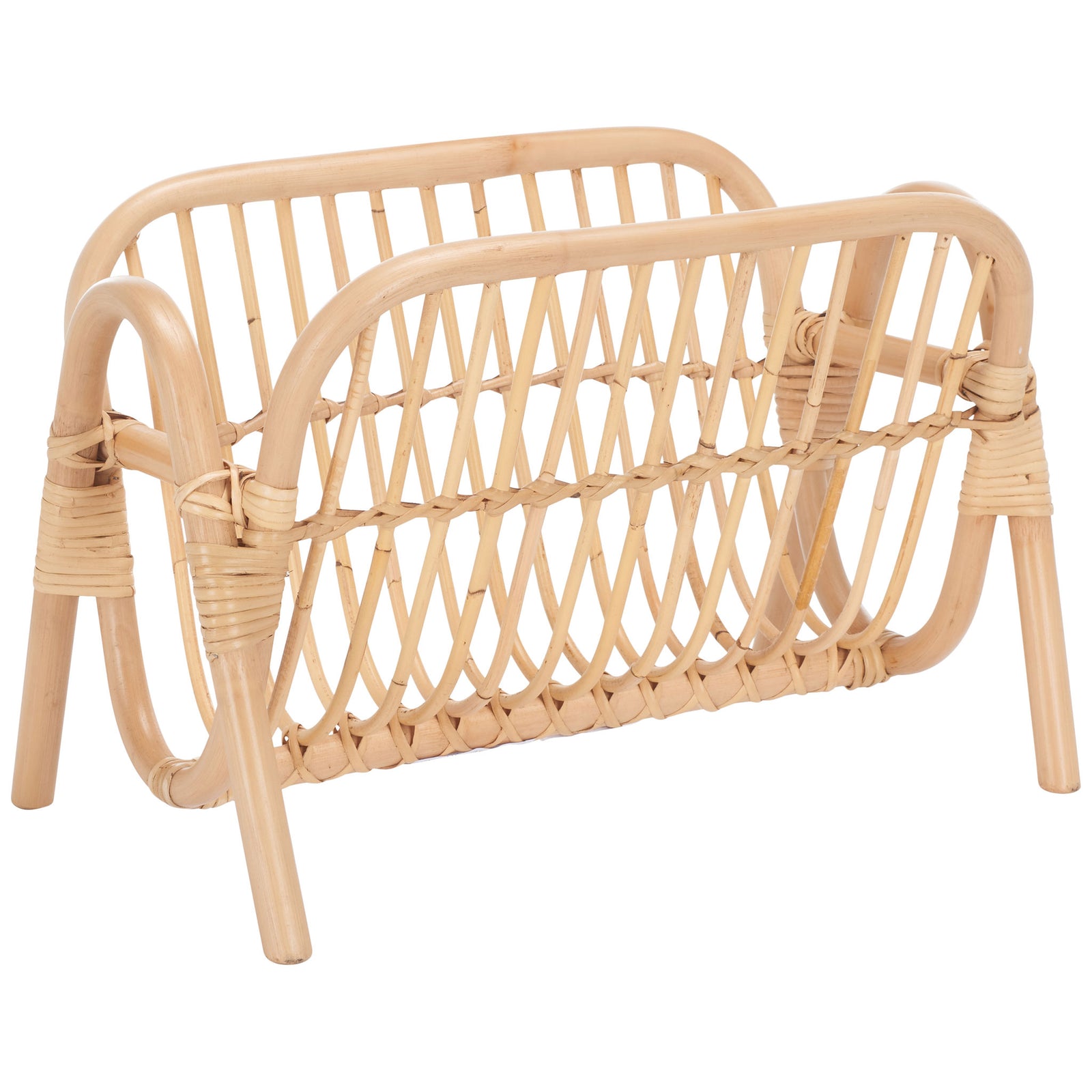Curved side rails and woven rattan slats form a breezy cradle for books and magazines. || STG6505A || front_angle_studio