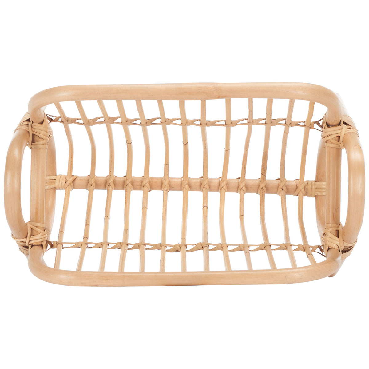 An open rattan cradle pairs rounded end rails with woven supports for easy-access storage. || STG6505A || top_studio