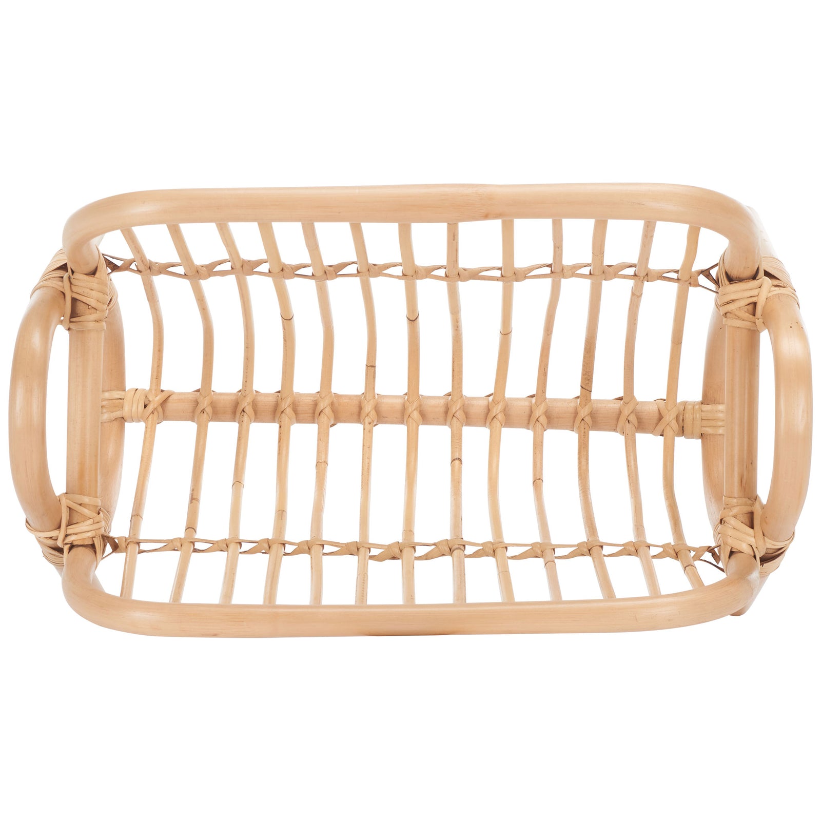 An open rattan cradle pairs rounded end rails with woven supports for easy-access storage. || STG6505A || top_studio