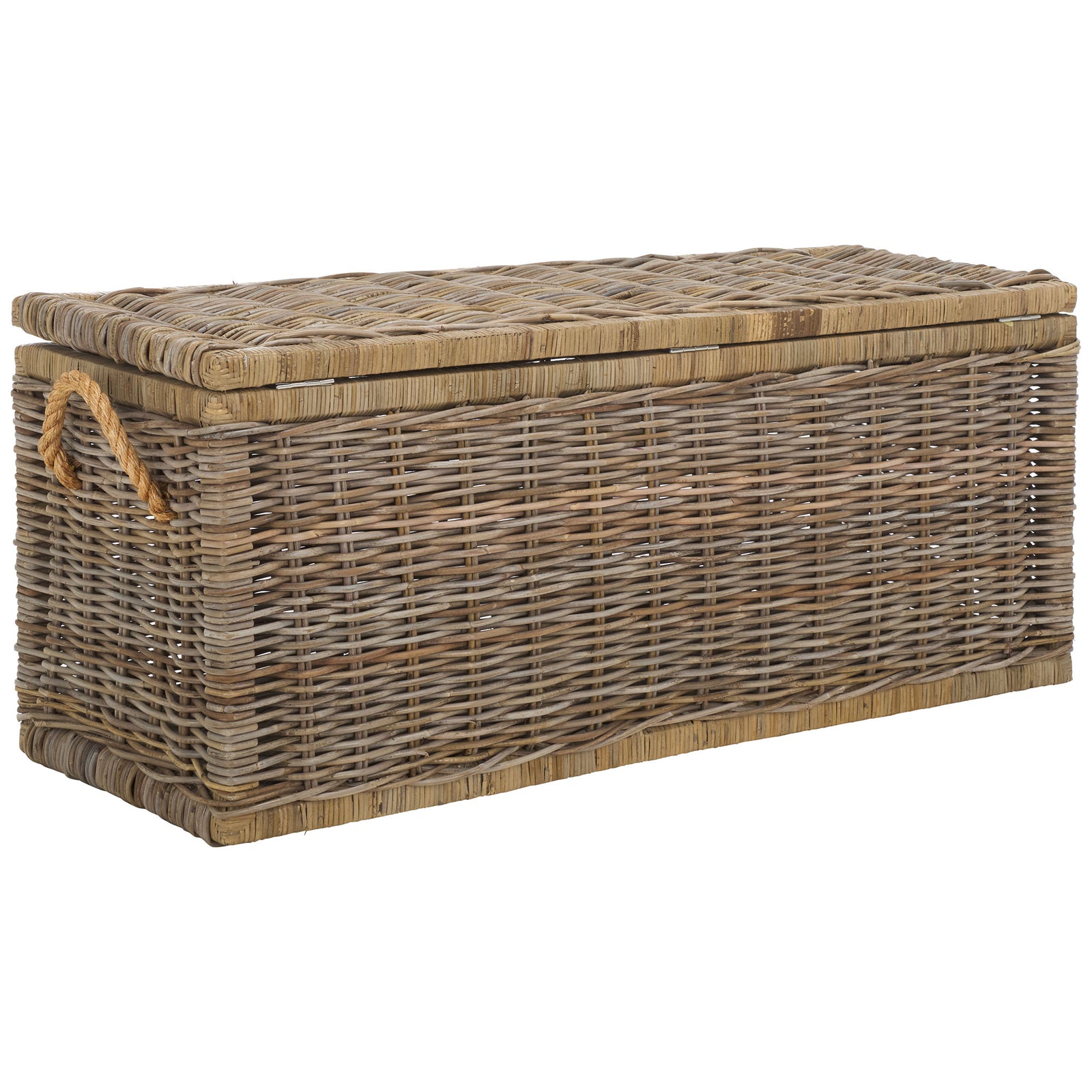 A woven rattan lid, natural finish, and rope handle bring handcrafted charm to this spacious trunk. || STG6506A || back_angle_studio
