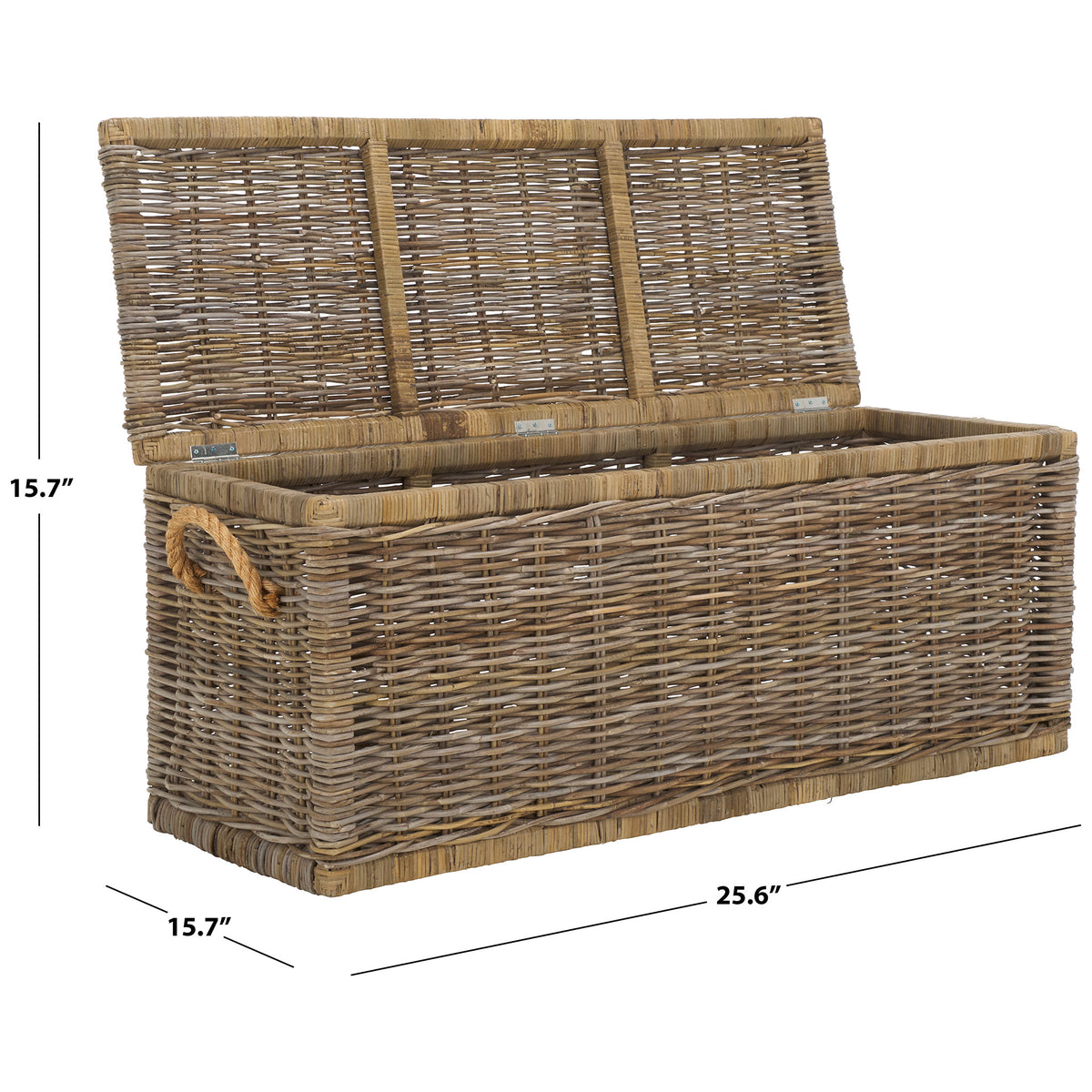 A hinged lid, open rattan weave, and rope handles make this trunk a versatile storage accent. || STG6506A || dimension_studio