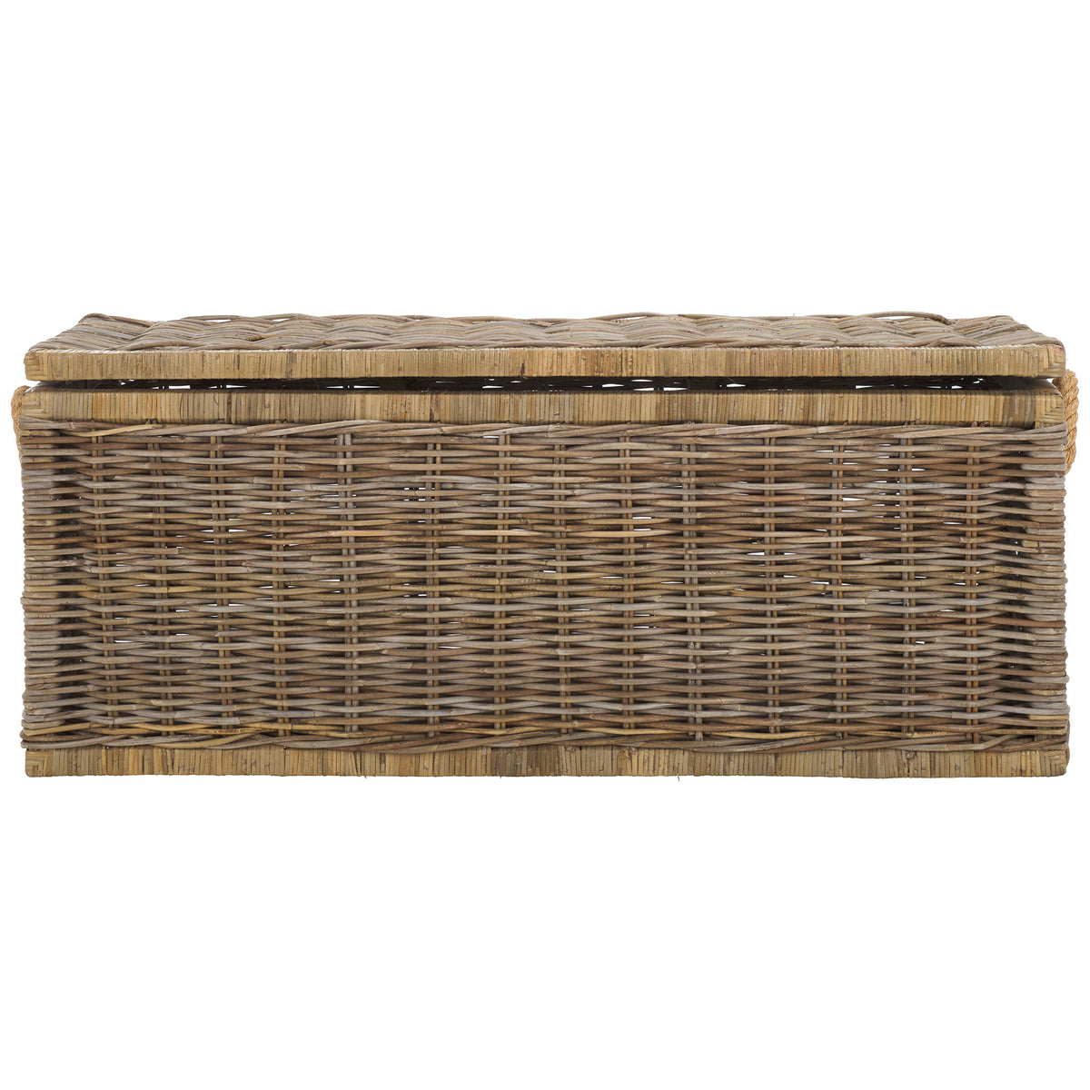 An airy rattan weave and clean rectangular silhouette bring rustic charm to this storage trunk. || STG6506A || front_studio