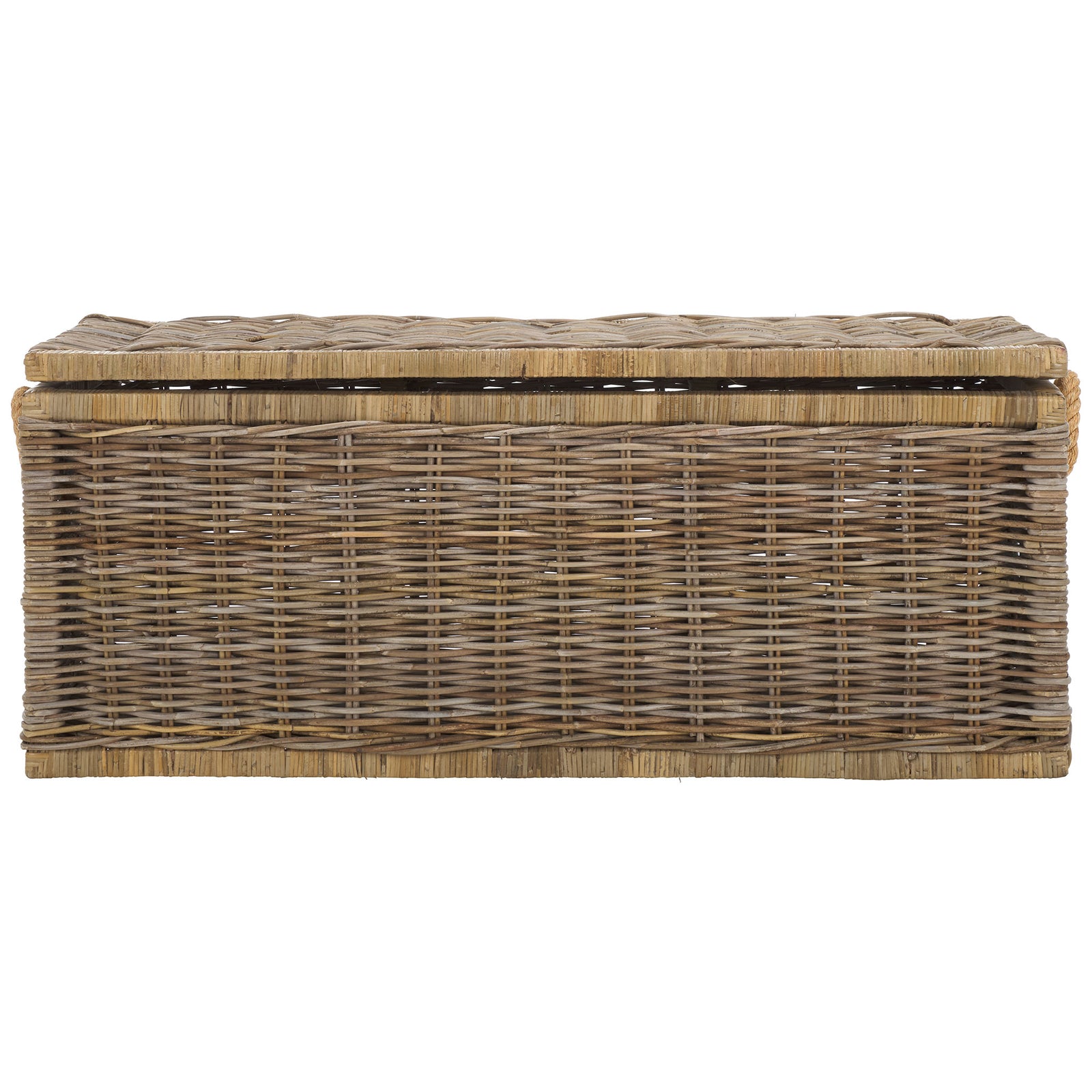 An airy rattan weave and clean rectangular silhouette bring rustic charm to this storage trunk. || STG6506A || front_studio