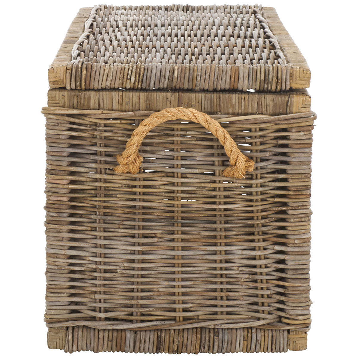A braided rope handle sits against tightly woven rattan for easy lifting. || STG6506A || side_studio