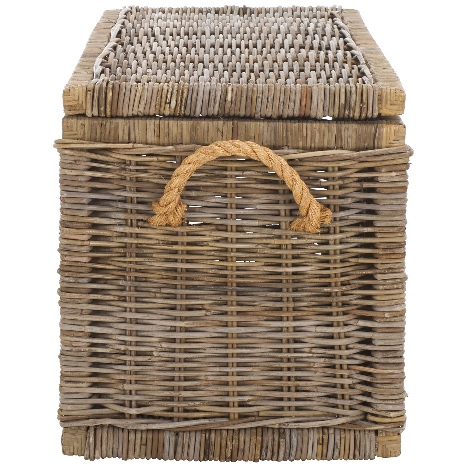 A braided rope handle sits against tightly woven rattan for easy lifting. || STG6506A || side_studio