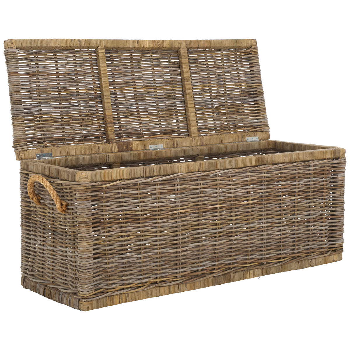 A wide hinged lid opens to a generous woven compartment, with rope handles for easy carrying. || STG6506A || front_angle_open_studio
