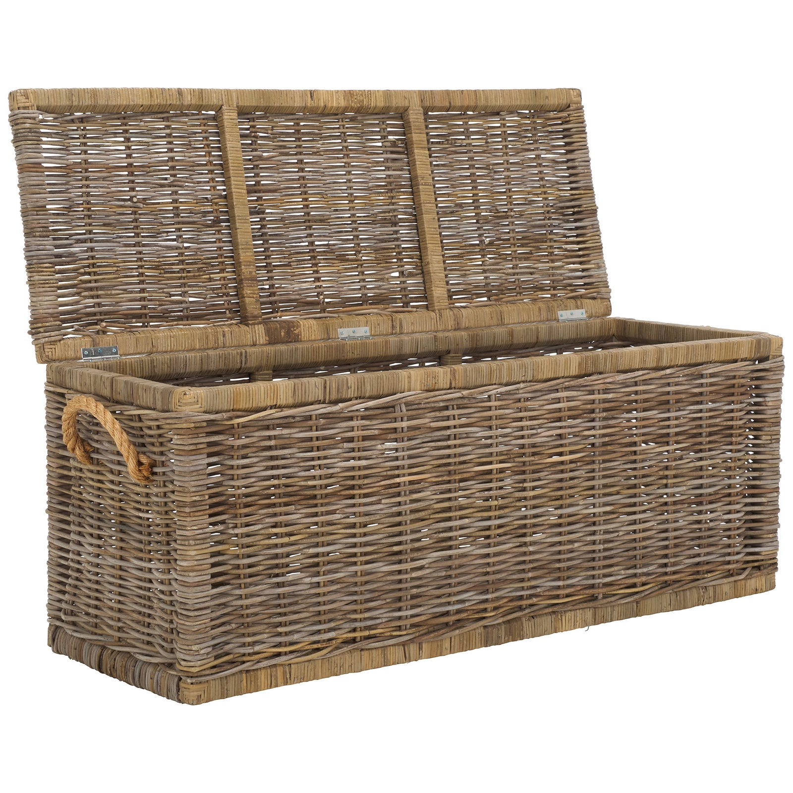 A wide hinged lid opens to a generous woven compartment, with rope handles for easy carrying. || STG6506A || front_angle_open_studio