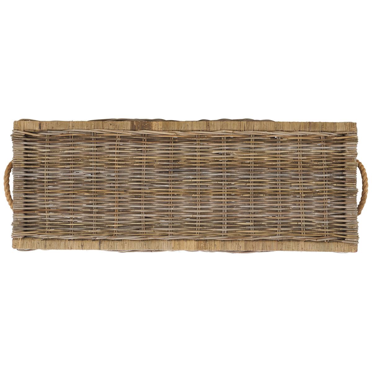 A broad rectangular rattan weave is finished with thick wrapped edges and rope handles on both ends. || STG6506A || top_studio