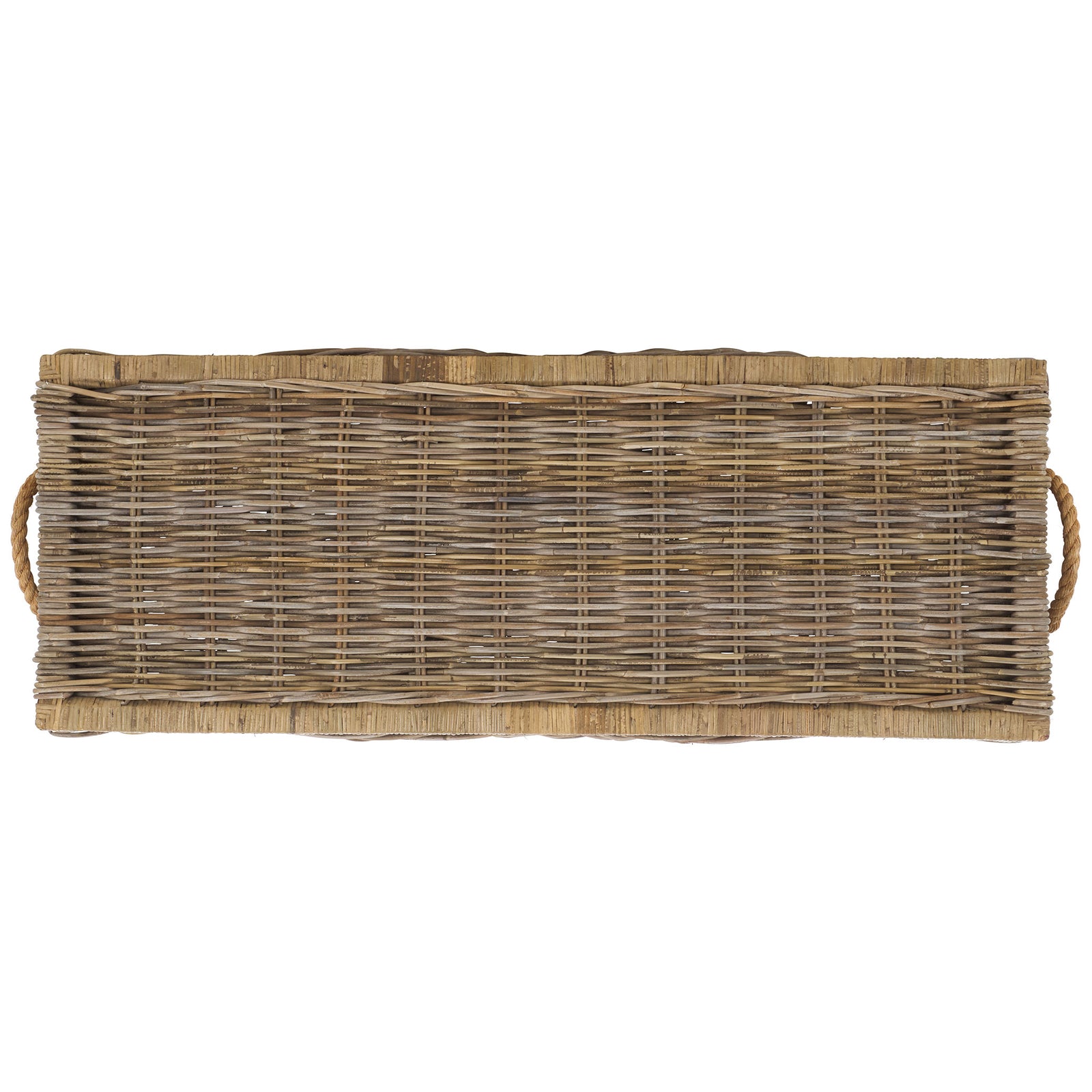 A broad rectangular rattan weave is finished with thick wrapped edges and rope handles on both ends. || STG6506A || top_studio