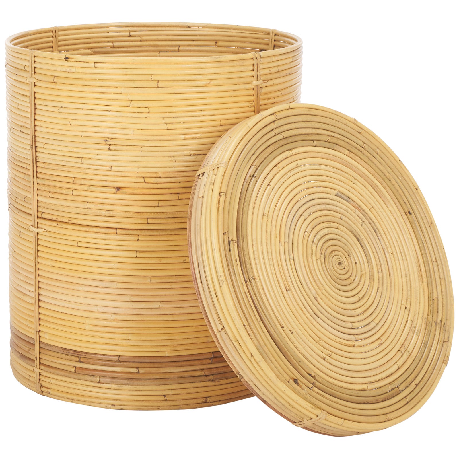An open cylindrical rattan basket pairs a roomy interior with a removable spiral-coil lid. || STG6508A || front_angle_partial_open_studio