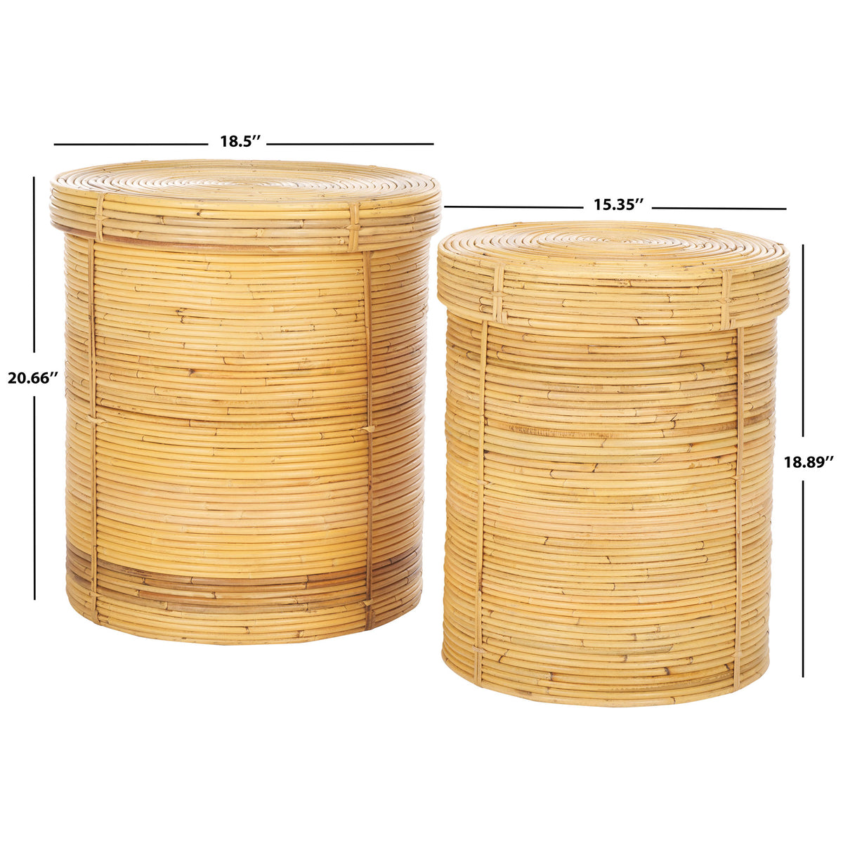 Two lidded rattan baskets measure 18.5 and 15.35 inches wide for versatile storage. || STG6508A || dimension_studio