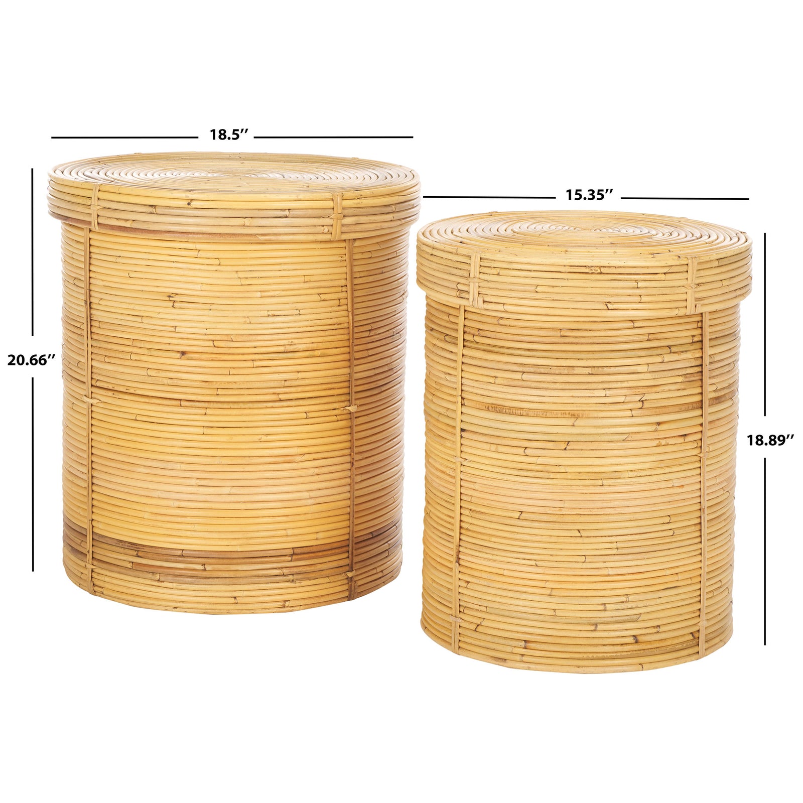 Two lidded rattan baskets measure 18.5 and 15.35 inches wide for versatile storage. || STG6508A || dimension_studio