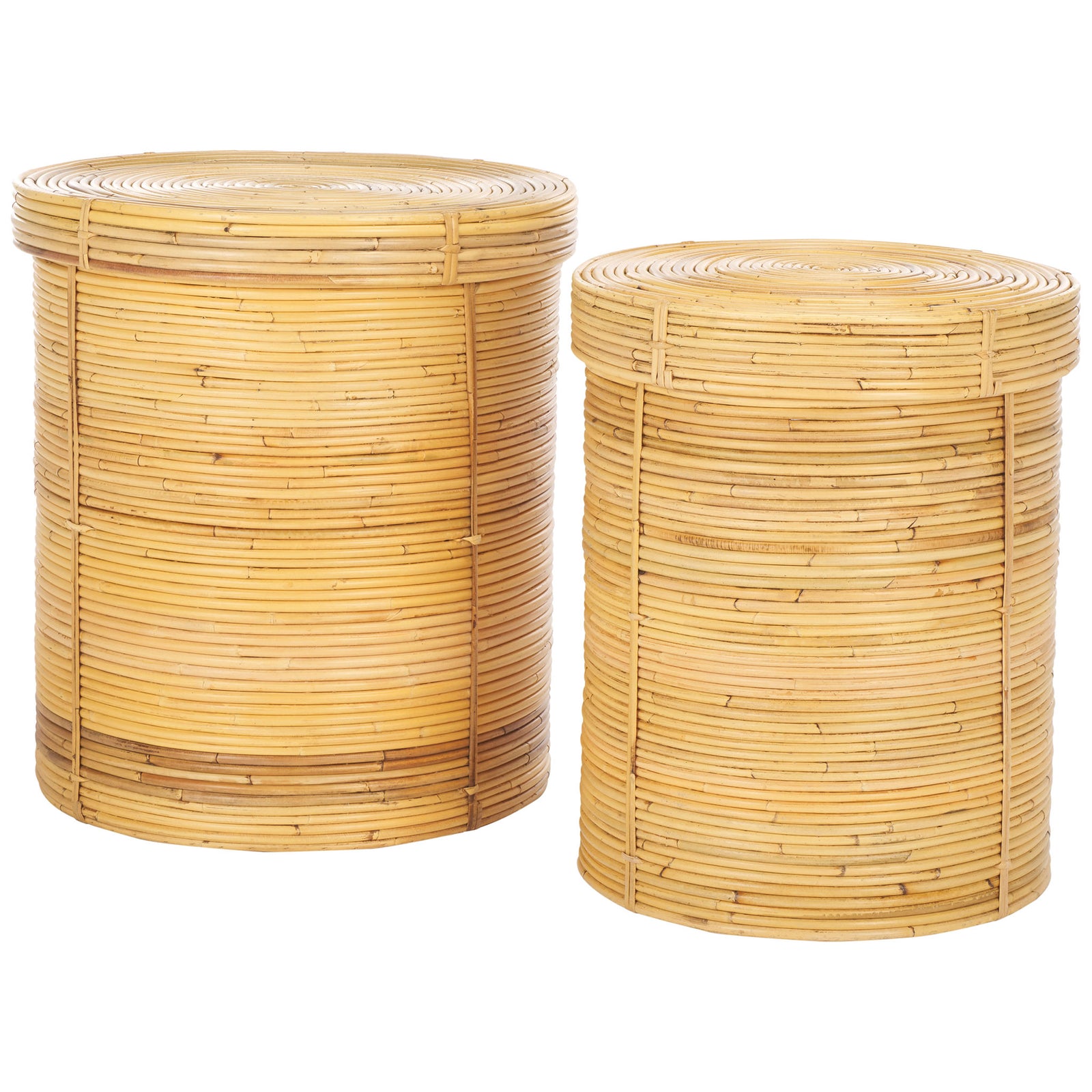 Two natural rattan baskets combine cylindrical shapes, fitted lids, and warm ribbed texture. || STG6508A || front_studio