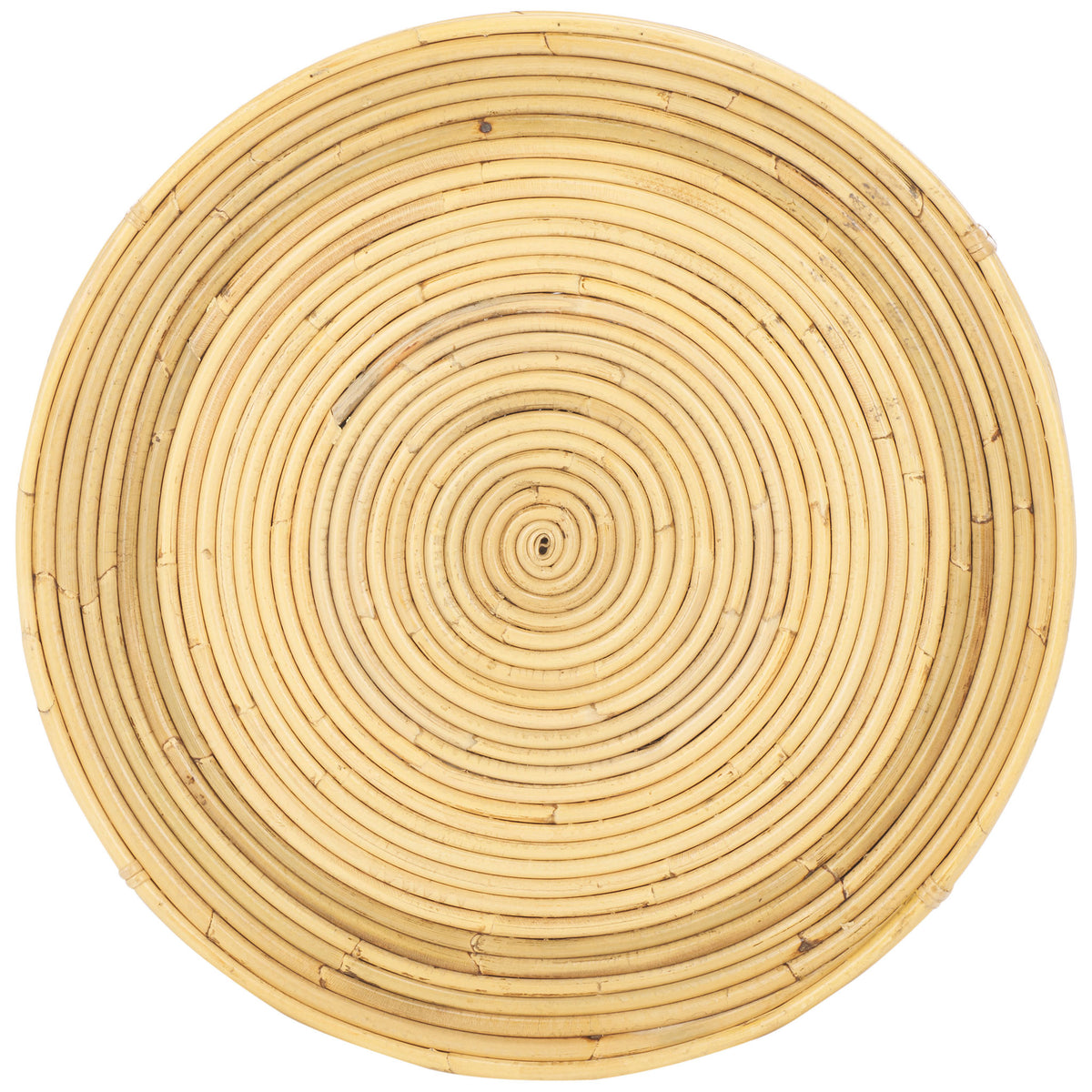 A round rattan lid displays a striking concentric spiral and warm natural grain. || STG6508A || top_partial_studio