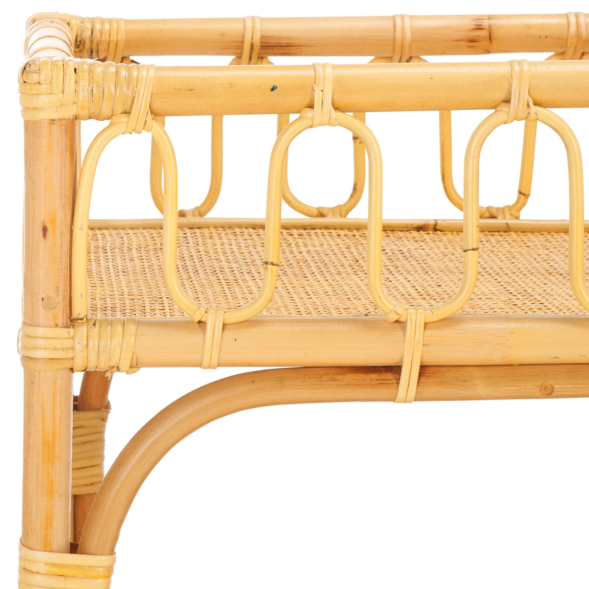Natural rattan curves and hand-wrapped corners frame a woven shelf with playful looped rails || STG6509A || detail_studio