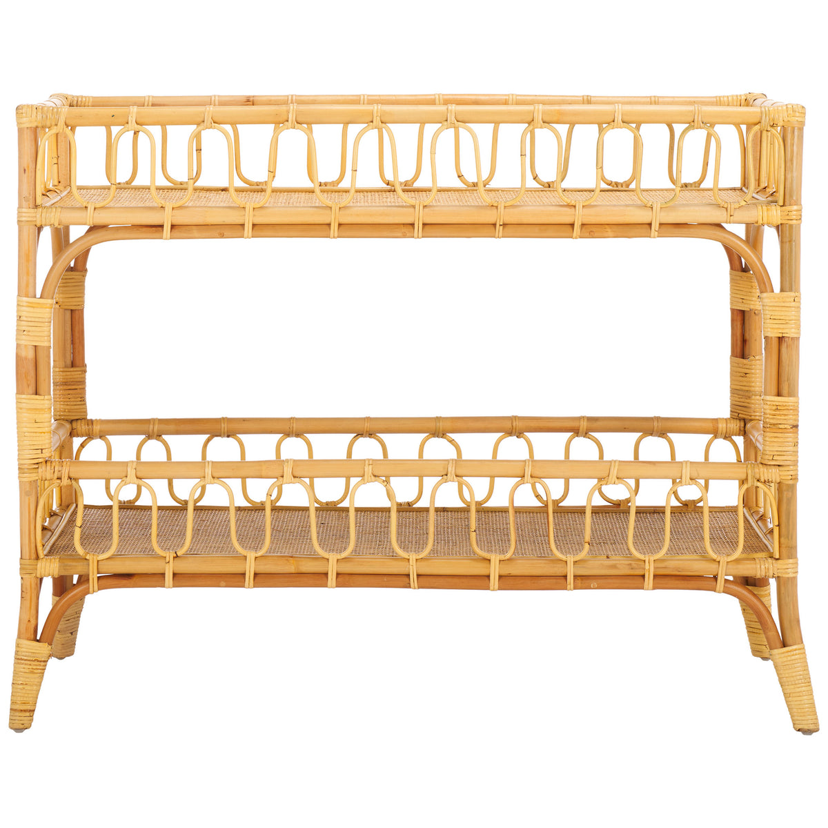 Two airy woven shelves and looping rails give this natural rattan console an artisanal feel || STG6509A || front_studio