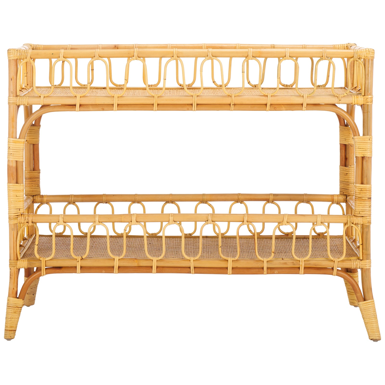 Two airy woven shelves and looping rails give this natural rattan console an artisanal feel || STG6509A || front_studio