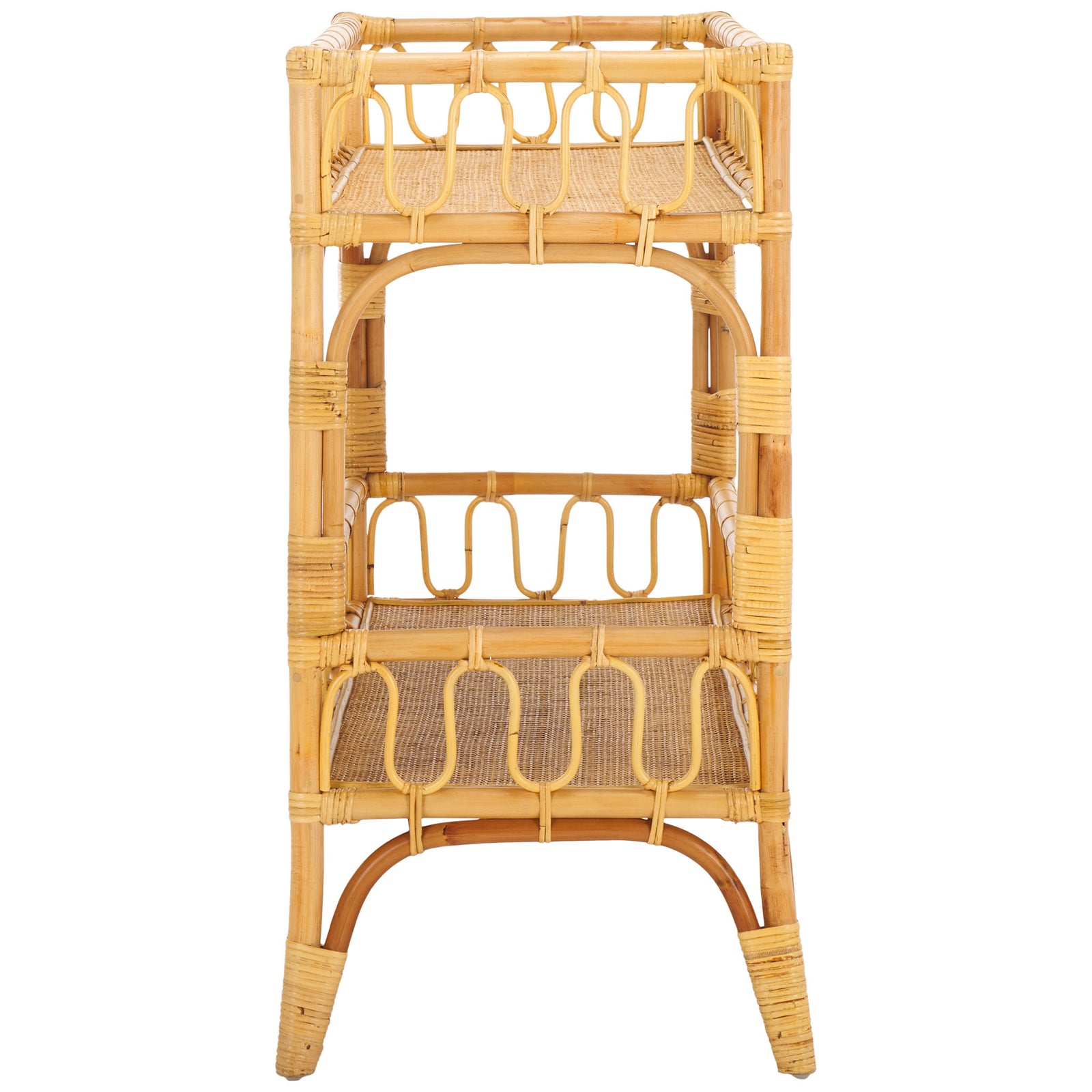 Looped rails frame the natural rattan console's woven tiers above curved supports and splayed feet || STG6509A || side_studio