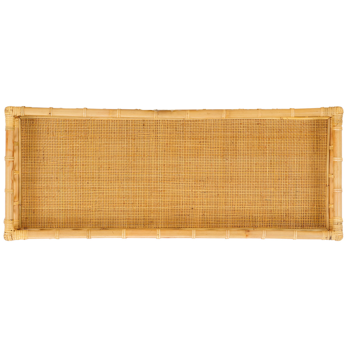 A finely woven natural rattan surface fills the console's shallow, raised-edge upper shelf || STG6509A || top_studio