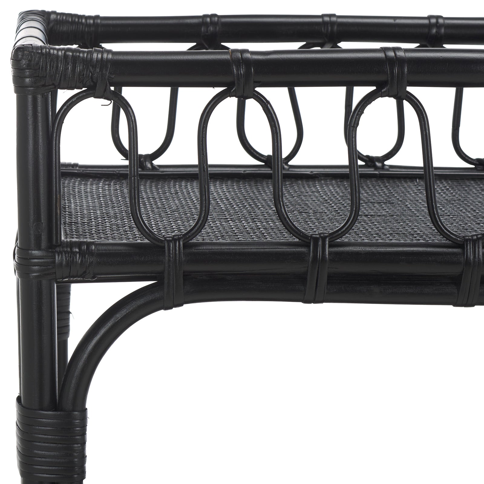 Looped black rattan rails and wrapped joints lend handcrafted texture to a woven shelf || STG6509B || detail_studio