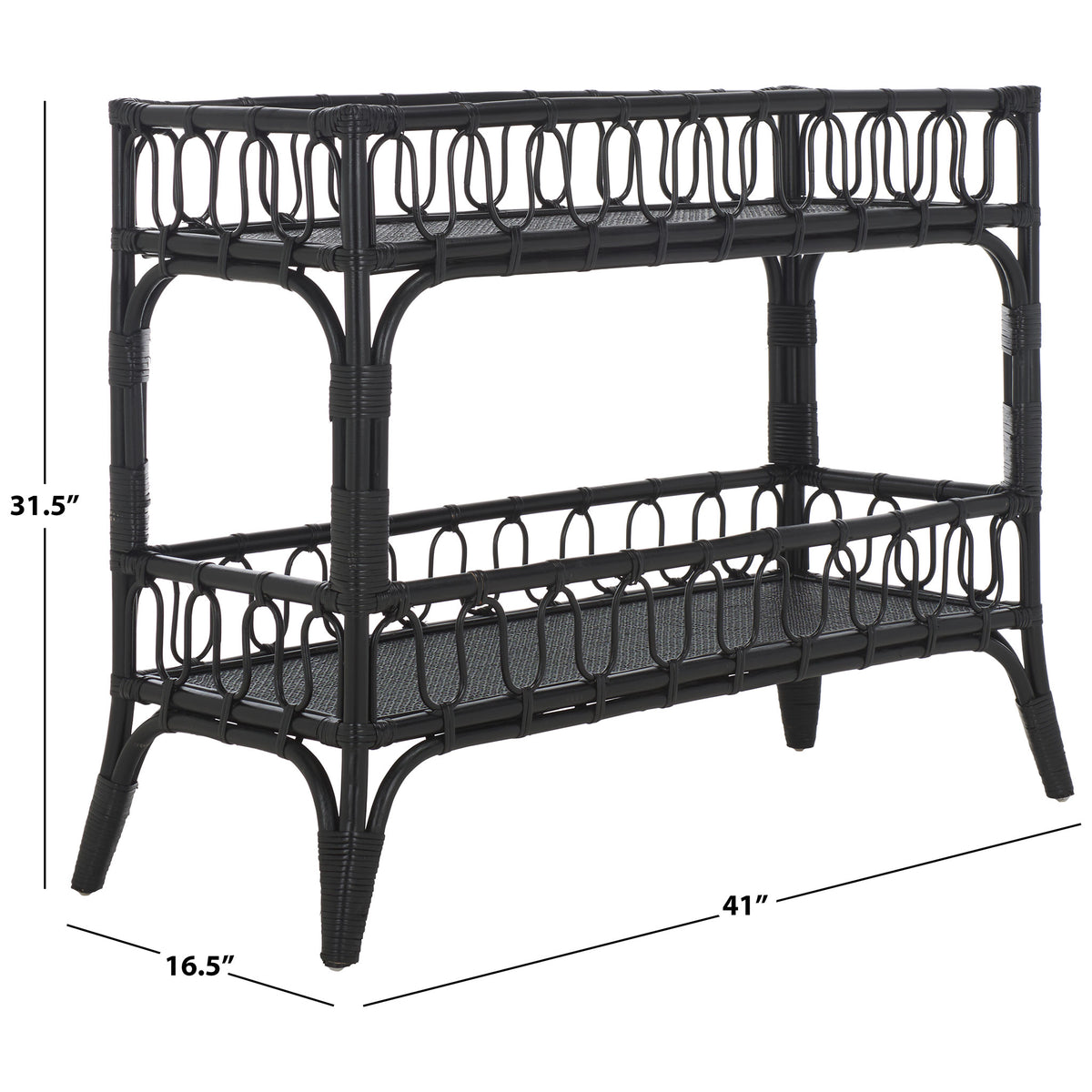 Black rattan console measures 41 inches wide, 16.5 inches deep, and 31.5 inches high || STG6509B || dimension_studio