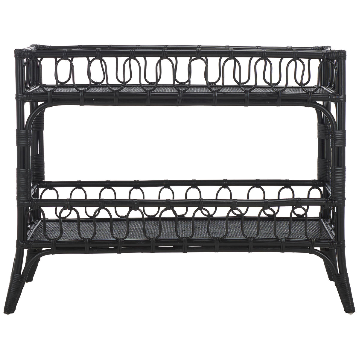 Black rattan console offers two woven shelves with decorative looped rails and flared legs || STG6509B || front_studio