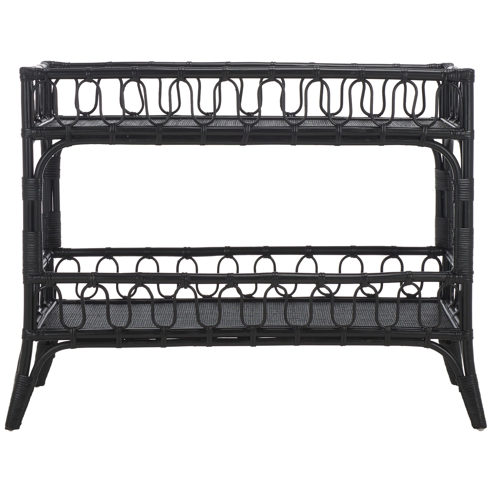 Black rattan console offers two woven shelves with decorative looped rails and flared legs || STG6509B || front_studio