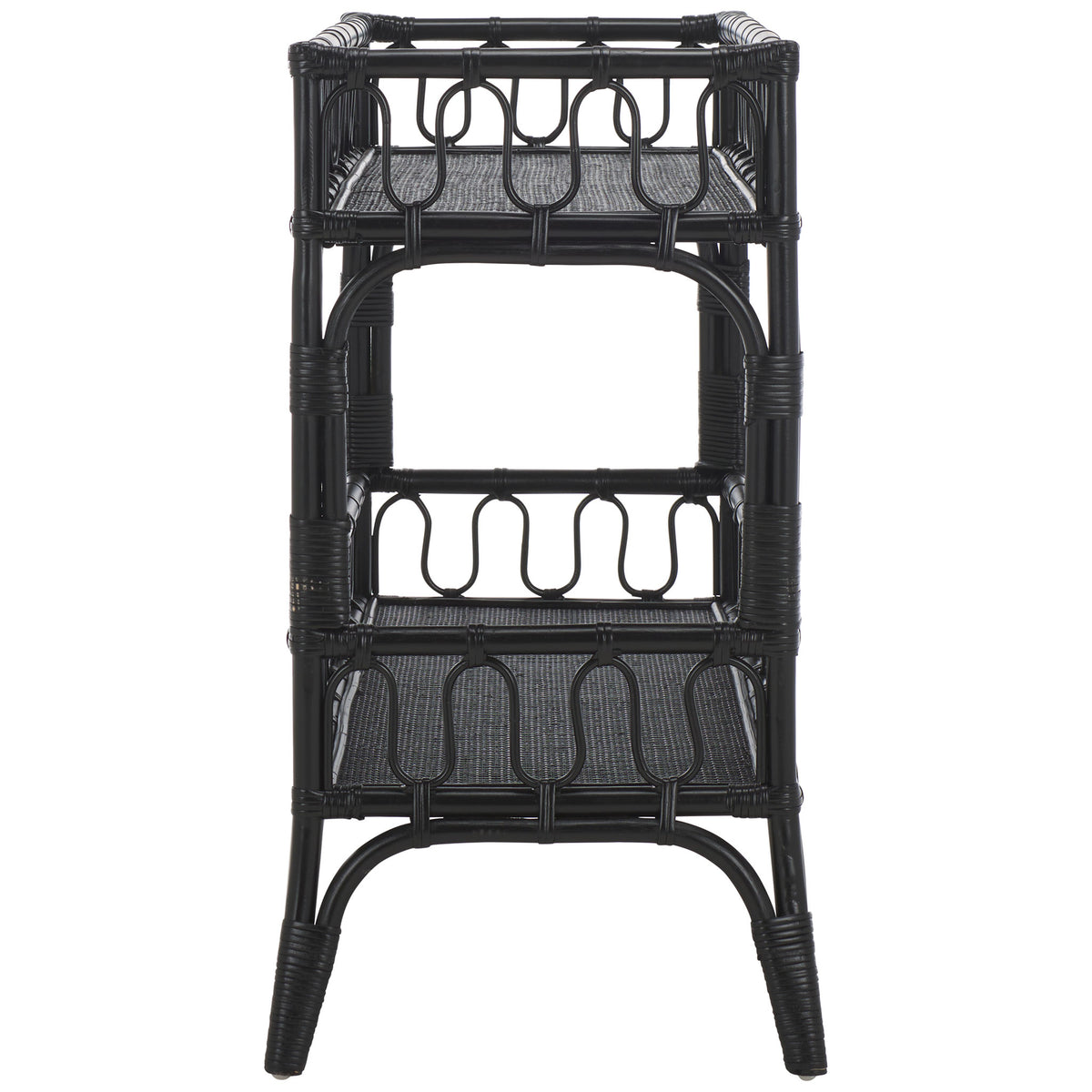Curved braces support two basketlike shelves on the slim black rattan console || STG6509B || side_studio