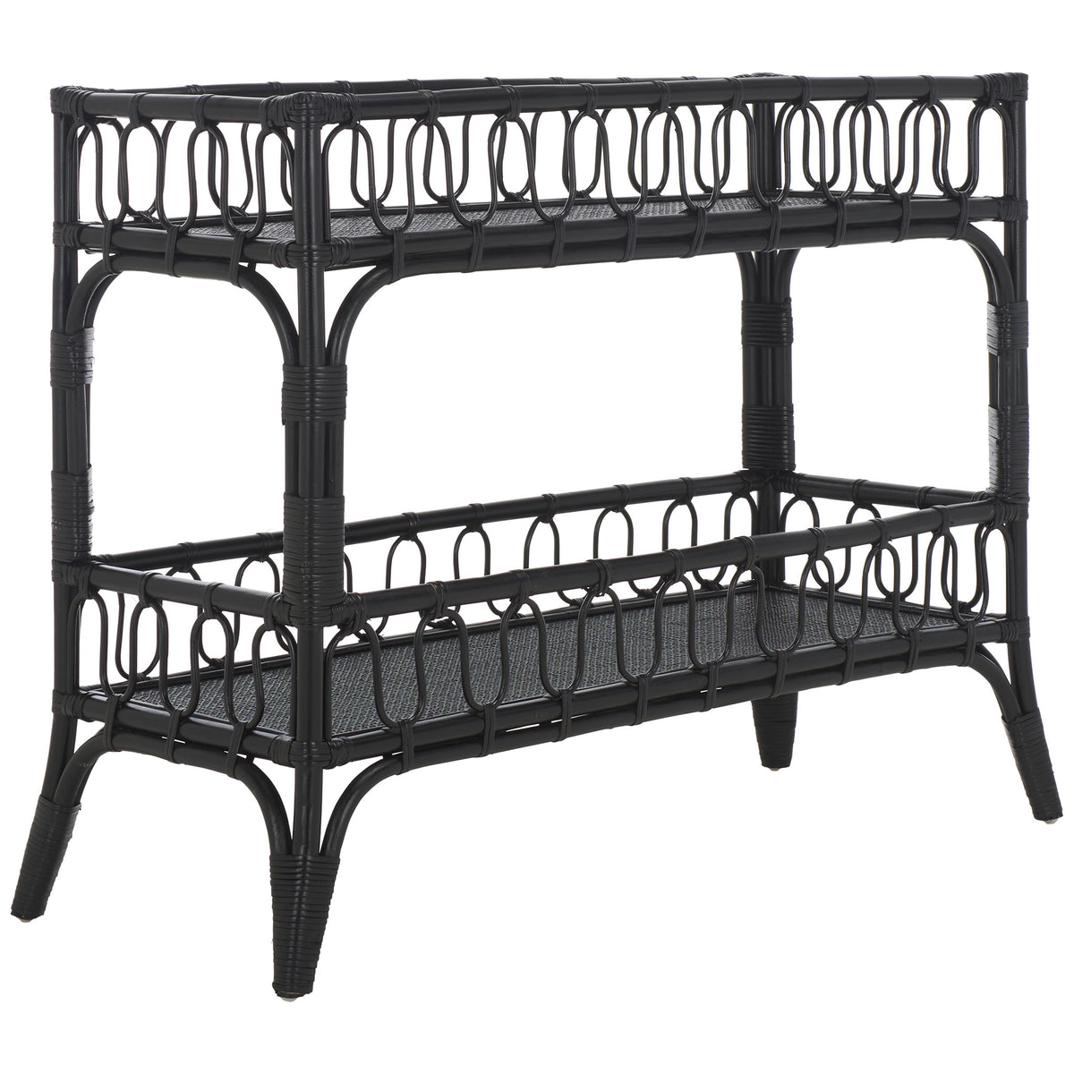 Two open shelves, looping black rattan rails, and arched supports give this console an airy design || STG6509B || front_angle_studio