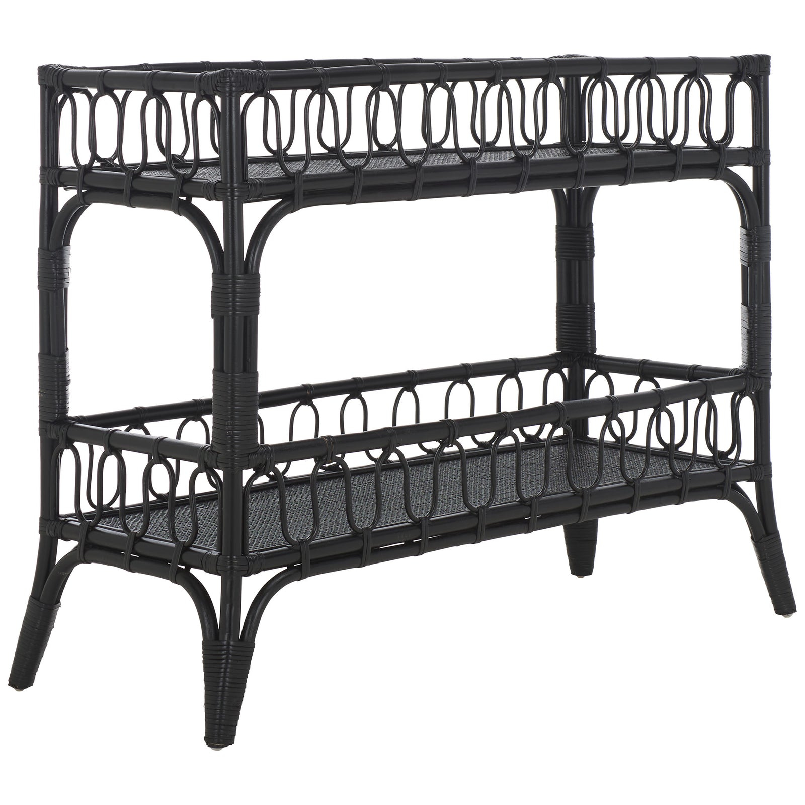 Two open shelves, looping black rattan rails, and arched supports give this console an airy design || STG6509B || front_angle_studio