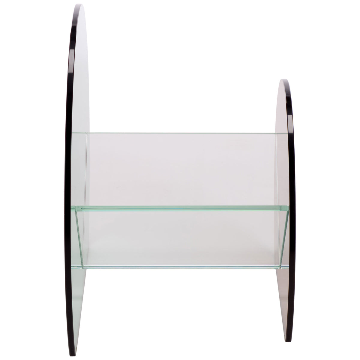 Slim, curved glass end panels support an open, transparent cradle for books. || STG7300A || side_studio