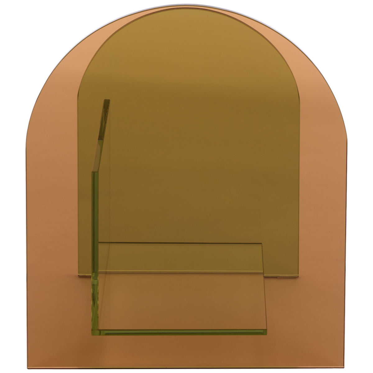 Warm amber and green glass arches layer around a clear book shelf || STG7301A || back_studio