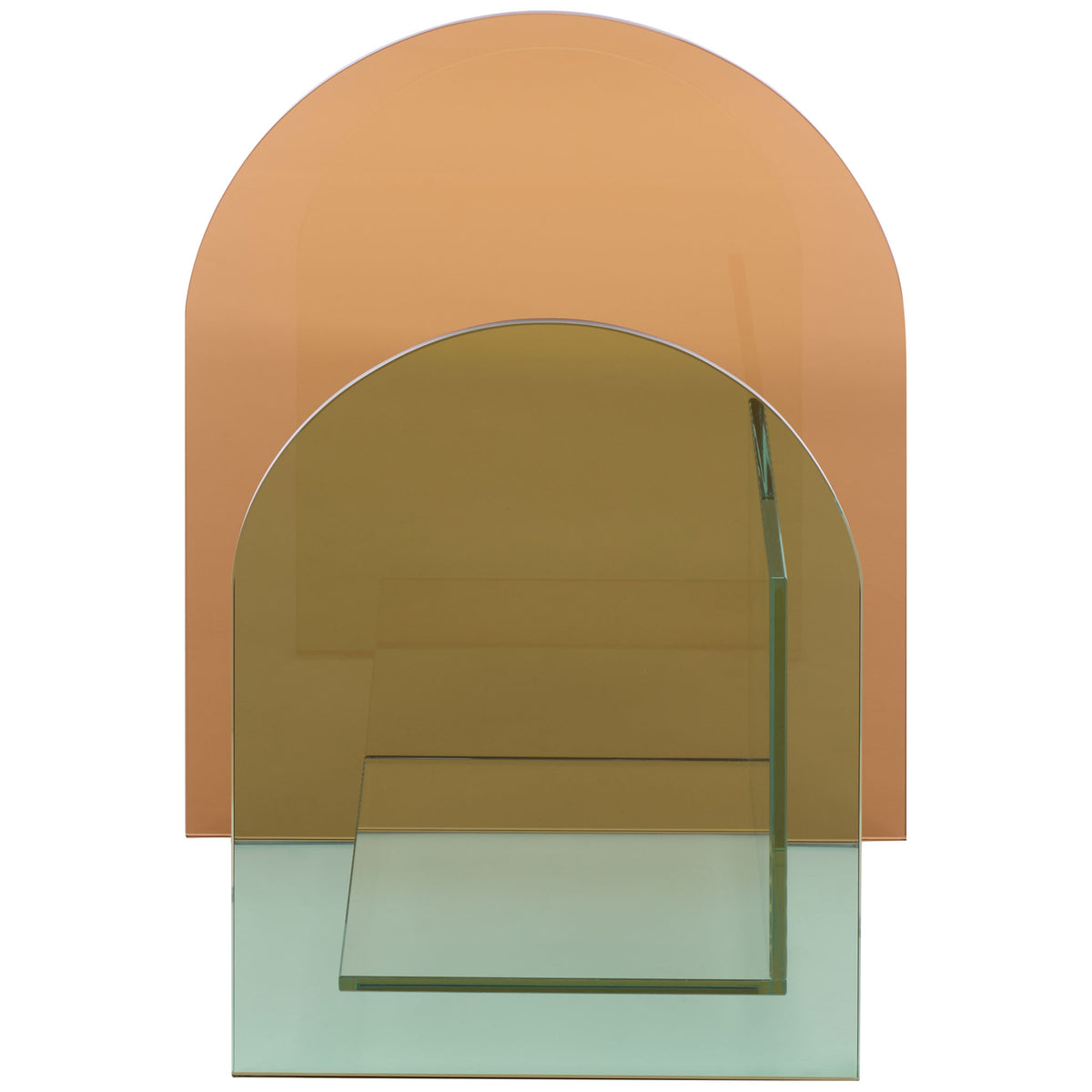 Layered green and amber glass arches create a colorful, contemporary book display || STG7301A || front_studio