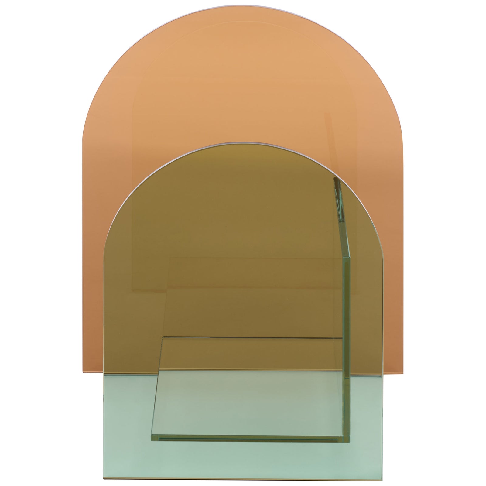 Layered green and amber glass arches create a colorful, contemporary book display || STG7301A || front_studio