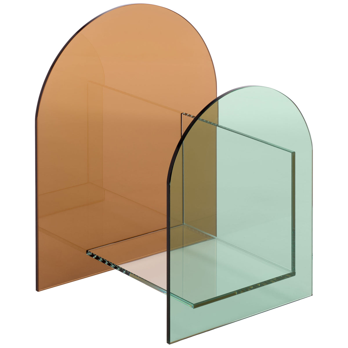 A clear shelf joins amber and green arches for airy, artful book storage || STG7301A || front_angle_studio