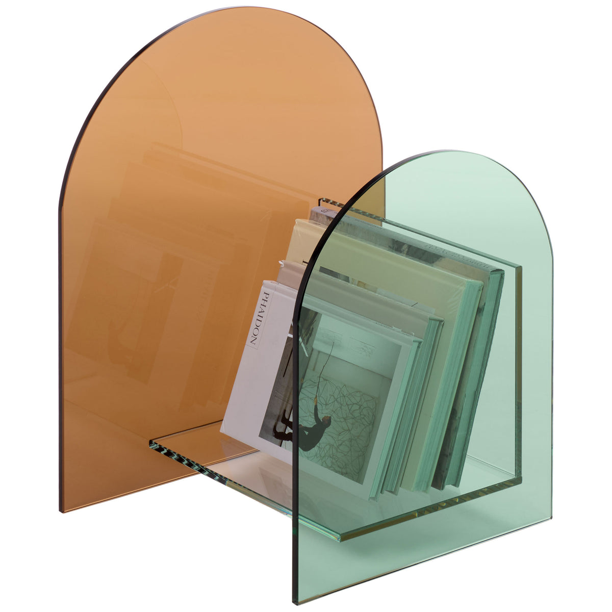 Favorite books nestle between green and amber arches on a transparent glass shelf || STG7301A || front_angle_studio