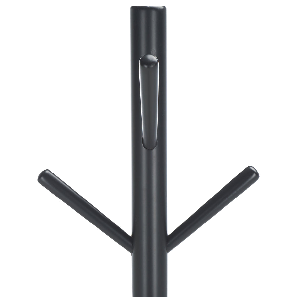 Smooth black hooks branch from a sleek wooden post with a modern matte finish