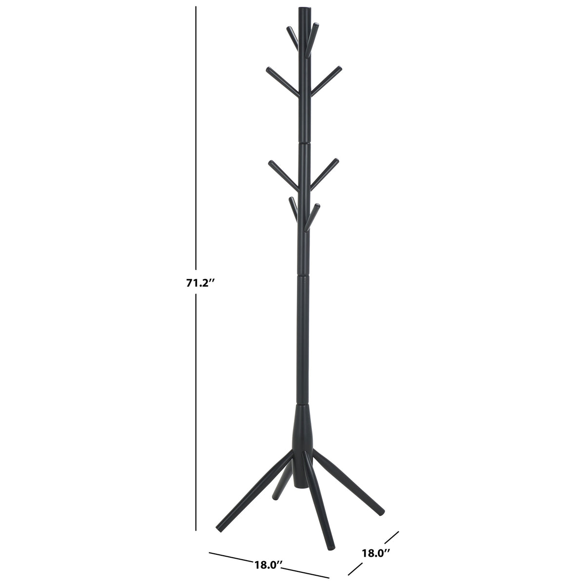 Matte black coat stand measures 18 inches wide and deep and 71.2 inches tall