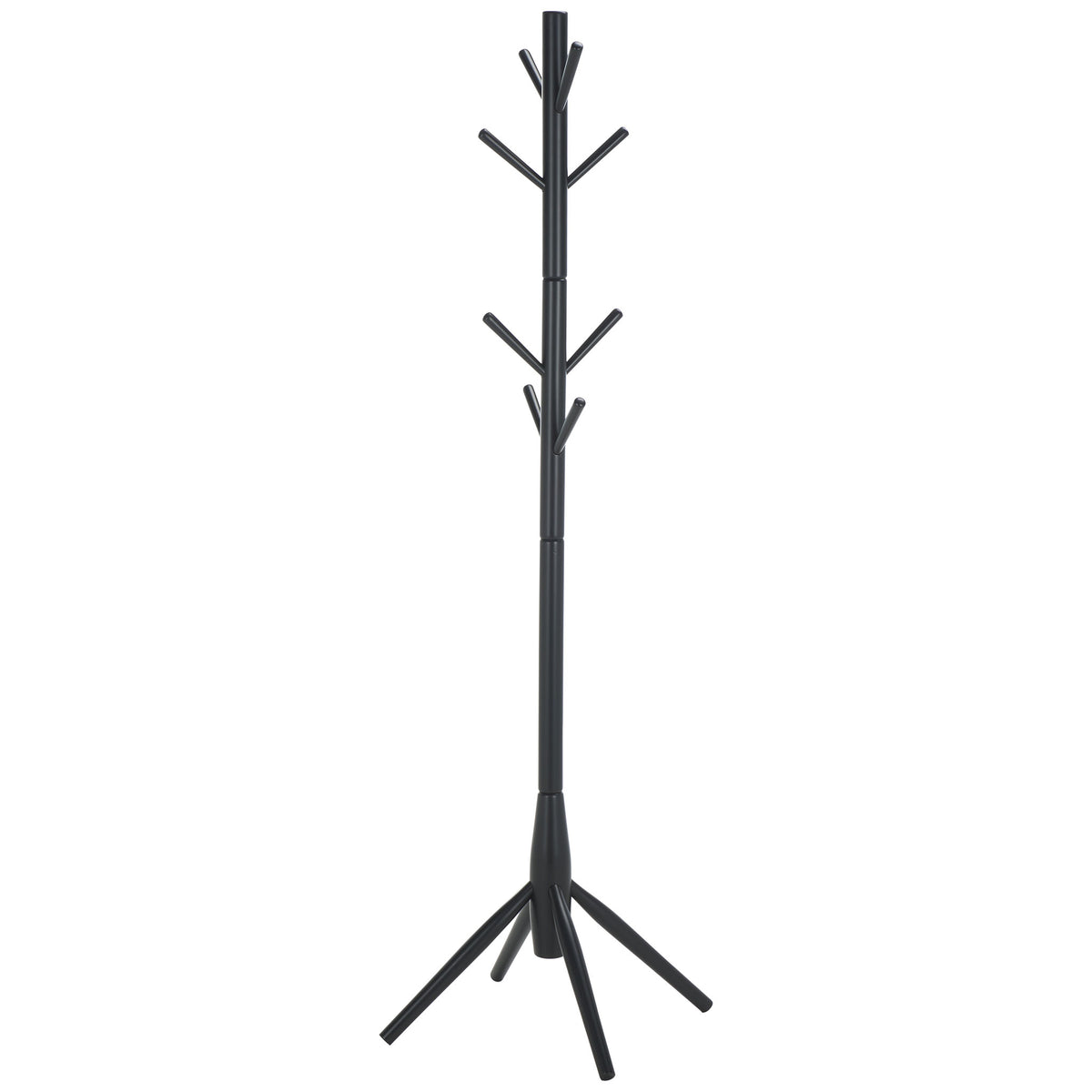 Matte black wood coat stand features tiered hooks, a slim post, and angled feet || STG8500A || front_studio