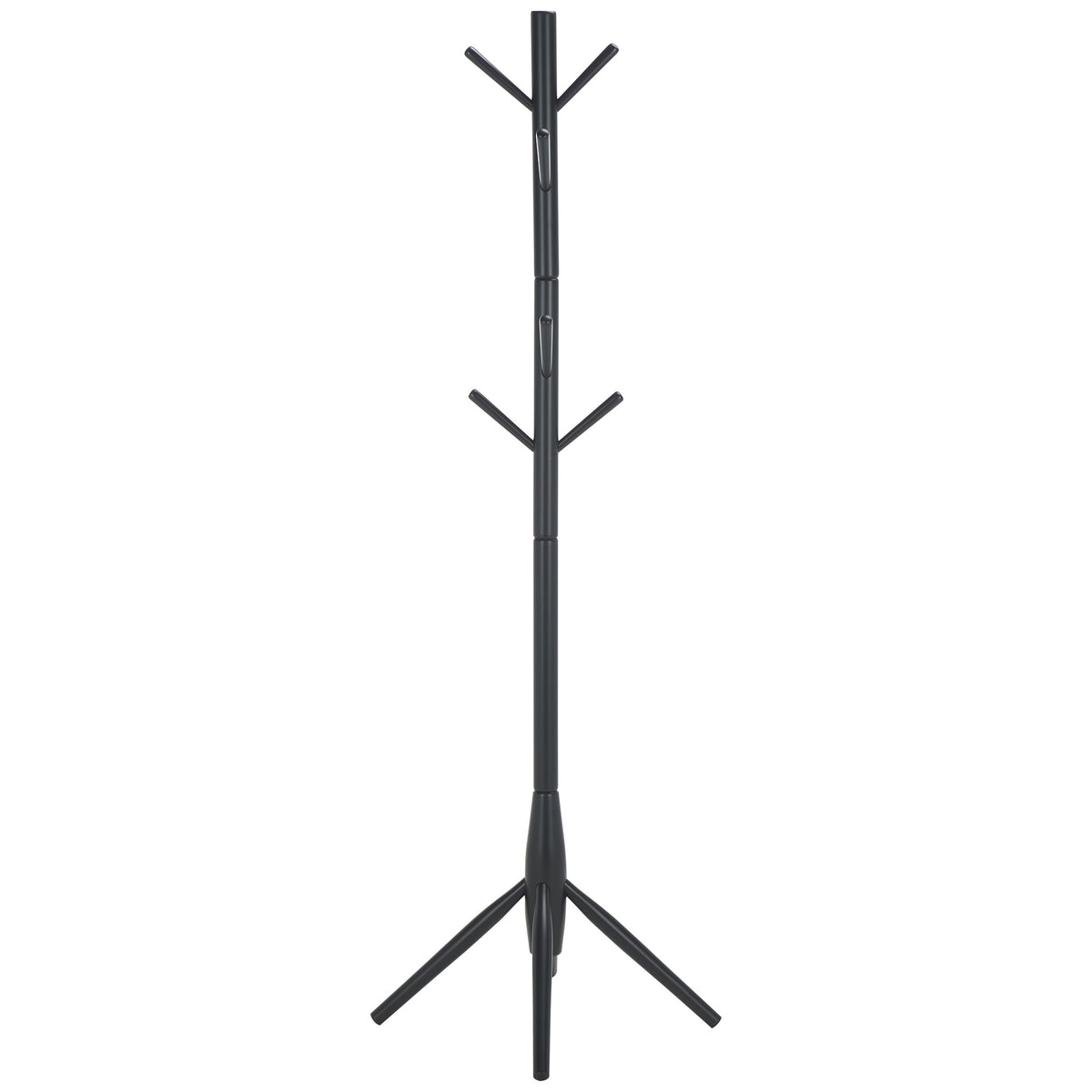 Minimalist black coat stand balances branching hooks on long, angled feet || STG8500A || side_studio