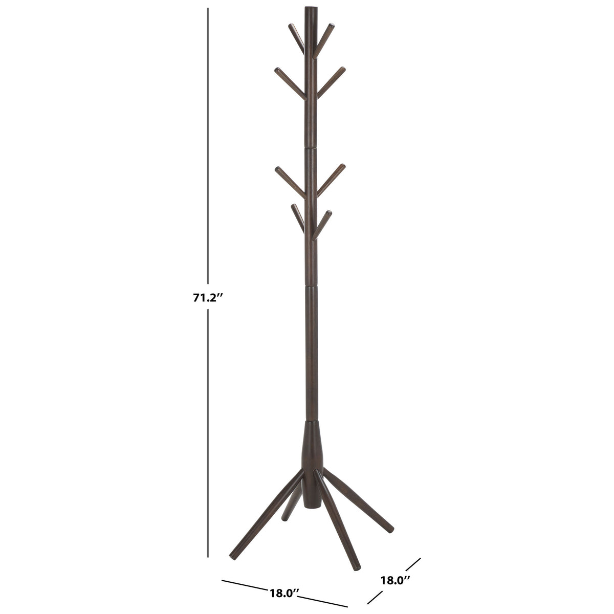 Dark walnut coat stand measures 18 inches wide and deep and 71.2 inches tall