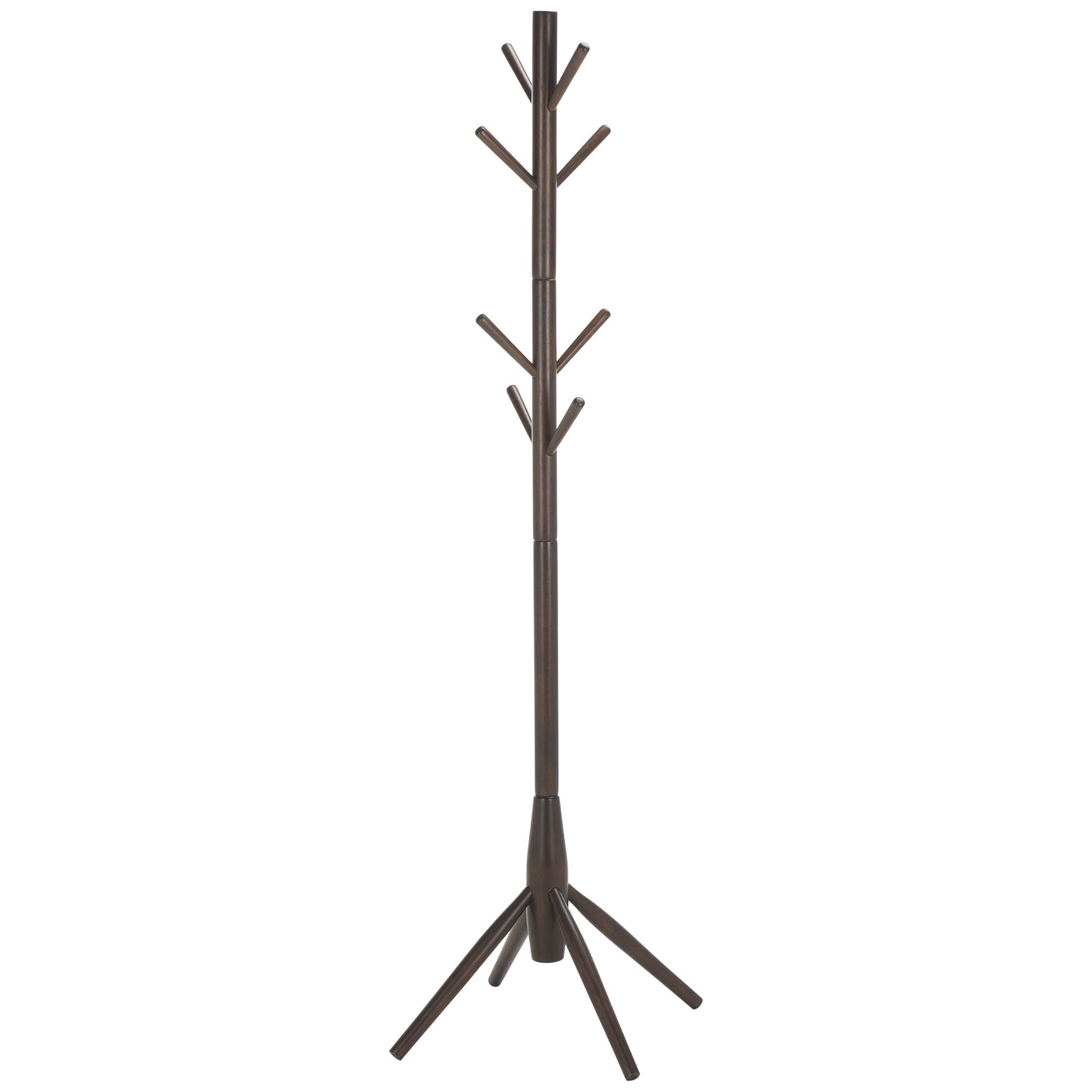 Dark walnut wood coat stand pairs tiered hooks with a slim post and splayed feet || STG8500B || front_studio