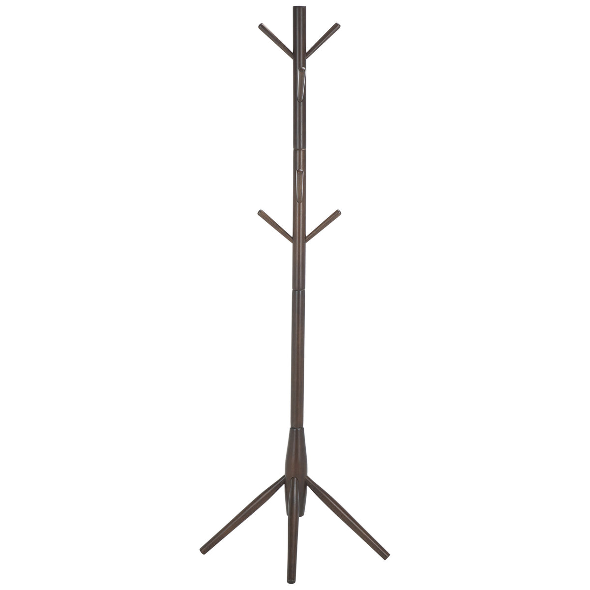 Dark walnut coat stand shows its clean vertical post and widely spread wooden feet || STG8500B || side_studio